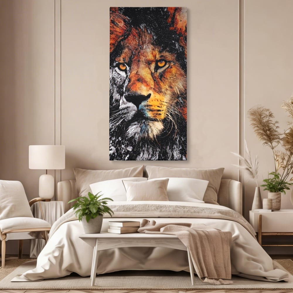 Tablou canvas cu tablou canvas cu leu stilizat, fara rama, pe sasiu de lemn, pe perete intr-un dormitor